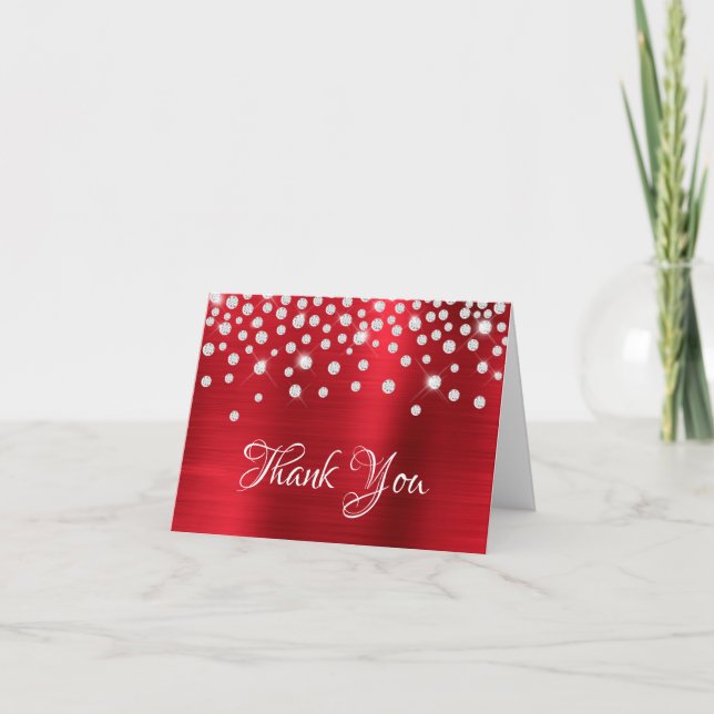 Carte De Remerciements Confettis Diamantés en Feuille de Satin Rouge Dégr (Devant)