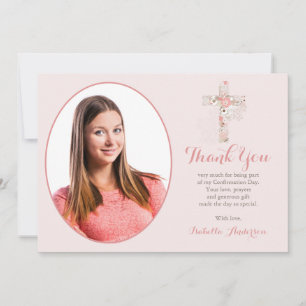Carte De Remerciements Confirmation blush rose Floral Cross Girl Photo