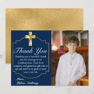 Carte De Remerciements Confirmation de l'élégante Croix d'or bleu marine