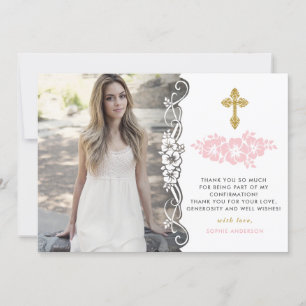 Carte De Remerciements Confirmation De L'Élégante Florale D'Or Et De Rose