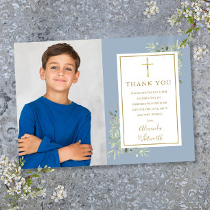 Carte De Remerciements Confirmation de photo florale de verdure bleu pous