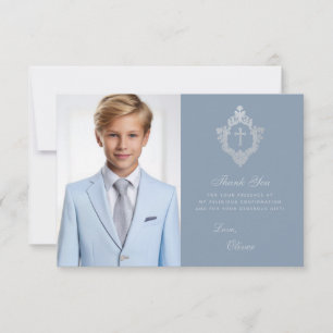 Carte De Remerciements Confirmation Dusty Blue Boy Photo Silver Crest bec