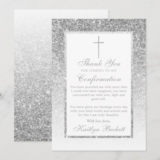 Carte De Remerciements Confirmation Élégante De Parties scintillant Argen (Devant / Derrière)