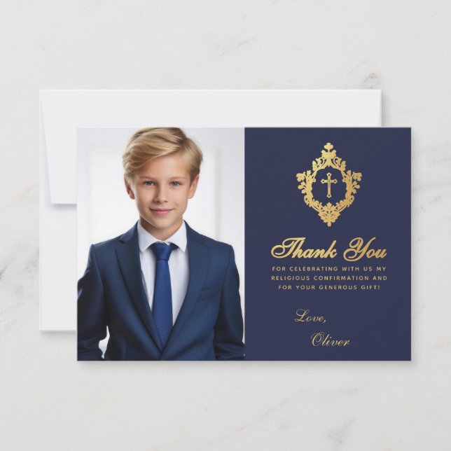 Carte De Remerciements Confirmation Marine Blue Faux Gold Crest Boy Photo (Devant)