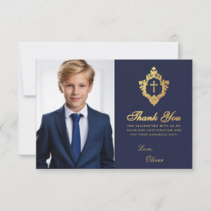 Carte De Remerciements Confirmation Marine Blue Faux Gold Crest Boy Photo