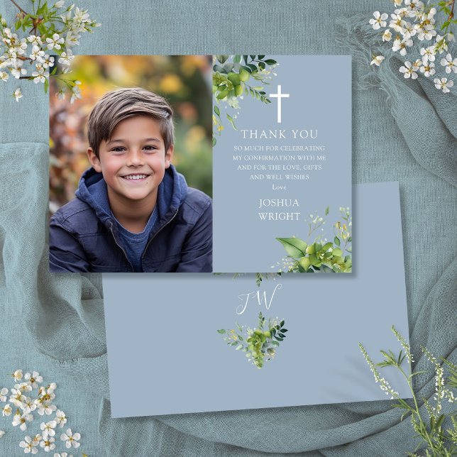 Carte De Remerciements Confirmation photo Dusty Blue Greenery (Dusty Blue Greenery Photo Confirmation Thank You Card)