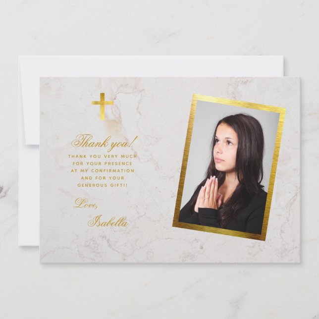 Carte De Remerciements Confirmation Photo Faux Gold Cross Marbre blanc (Devant)