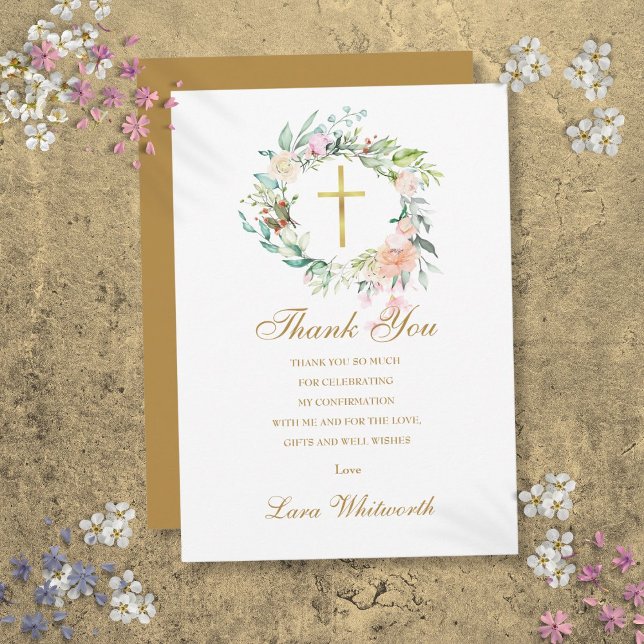 Carte De Remerciements Confirmation rose Floral Gold Script (Roses Floral Gold Script Confirmation Thank You Card)