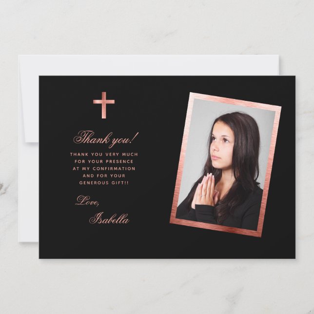 Carte De Remerciements Confirmation Rose photo Gold Croix rose noir (Devant)