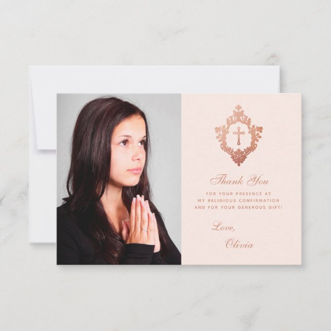 Carte De Remerciements Confirmation Rose Rose Gold Croix Crest Girl Photo (Devant)