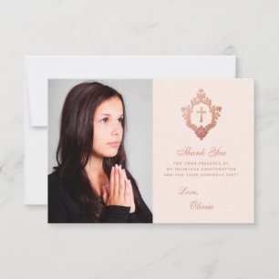 Carte De Remerciements Confirmation Rose Rose Gold Croix Crest Girl Photo