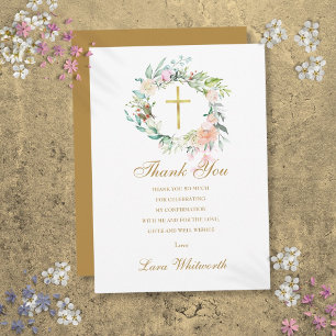 Carte De Remerciements Confirmation Roses Floral Or Script