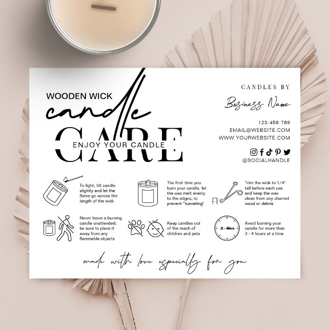Carte De Remerciements Conseils minimaux d'entretien des bougies en bois (Minimal wooden wick candle care instructions cards with care icons and space for your logo)