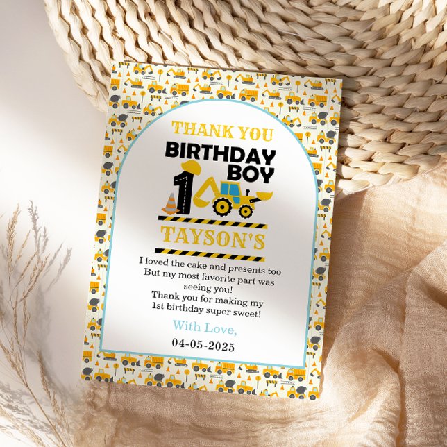 Carte De Remerciements Construction Truck 1st Birthday | Kids Party (Créateur téléchargé)