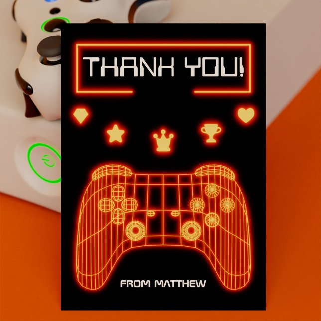 Carte De Remerciements Contrôleur de jeu orange (Orange Glow Gaming Controller Thank You Card)