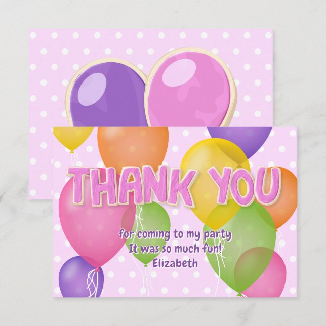 Carte De Remerciements cookies en forme découpée rose ballons anniversair (Devant / Derrière)