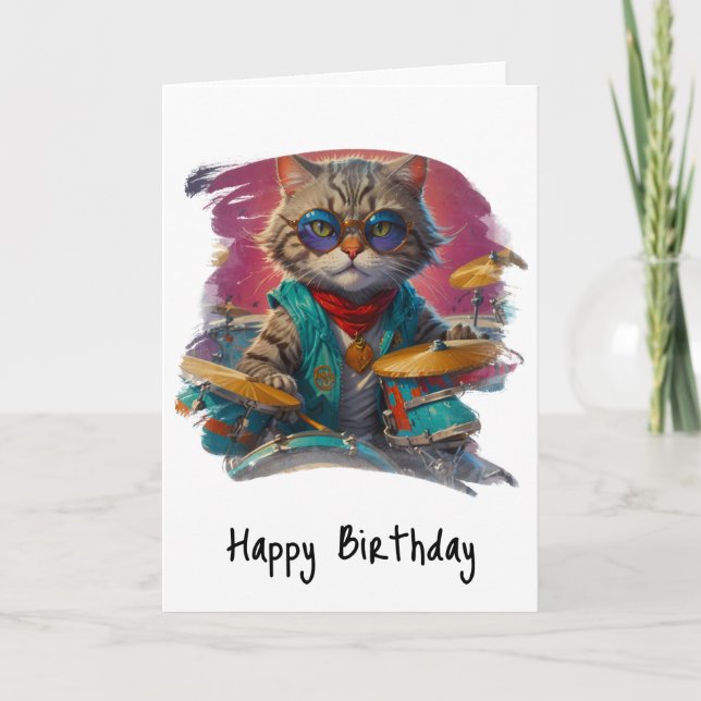 Carte De Remerciements *~* Cool Cat DRUMMER AP91 Hip Birthday Card (Devant)