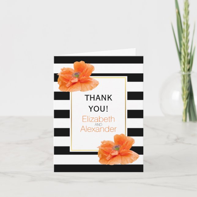 Carte De Remerciements Coquelicots et bandes noires et blanches mariage M (Devant)