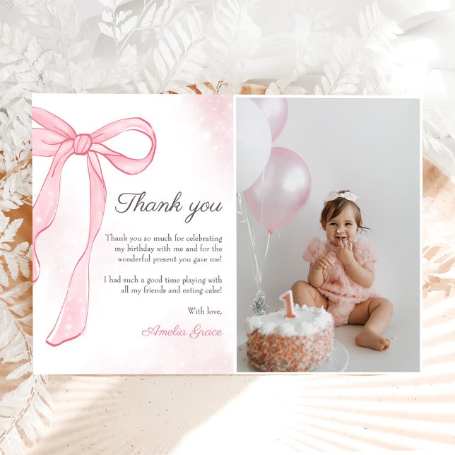 Carte De Remerciements Coquette Aquarelle rose mignonne Bow Anniversaire (Créateur téléchargé)
