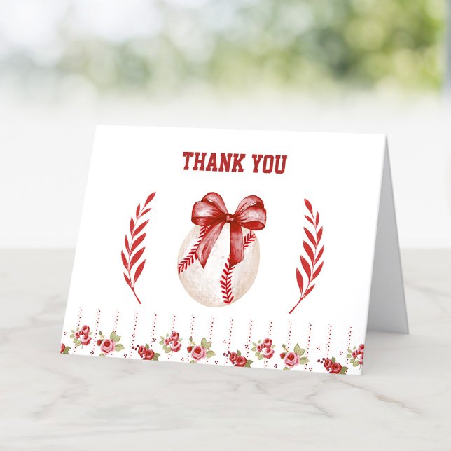 Carte De Remerciements Coquette Baseball Red Bow Floral (Coquette Baseball Red Bow Floral Modern Birthday Thank You Card)