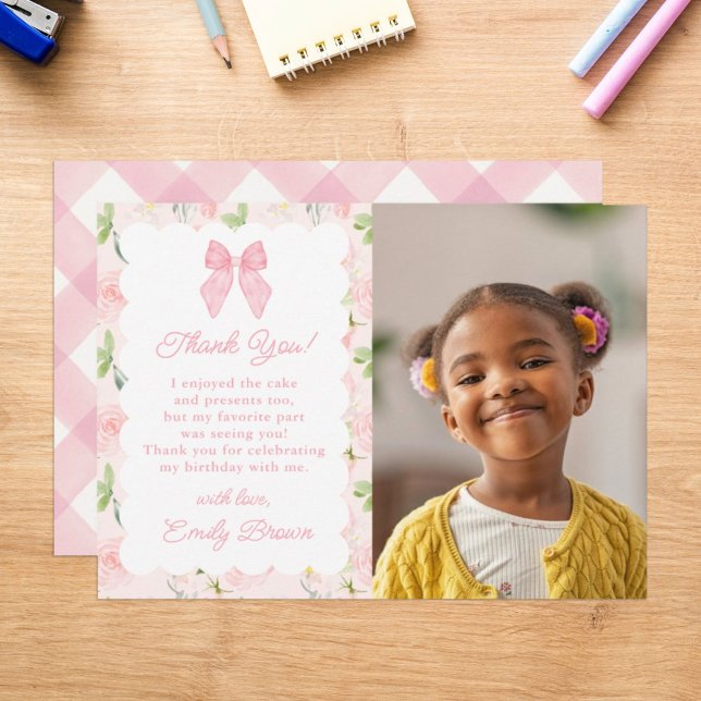 Carte De Remerciements Coquette florale Bow rose personnalisée Photo esth (Créateur téléchargé)