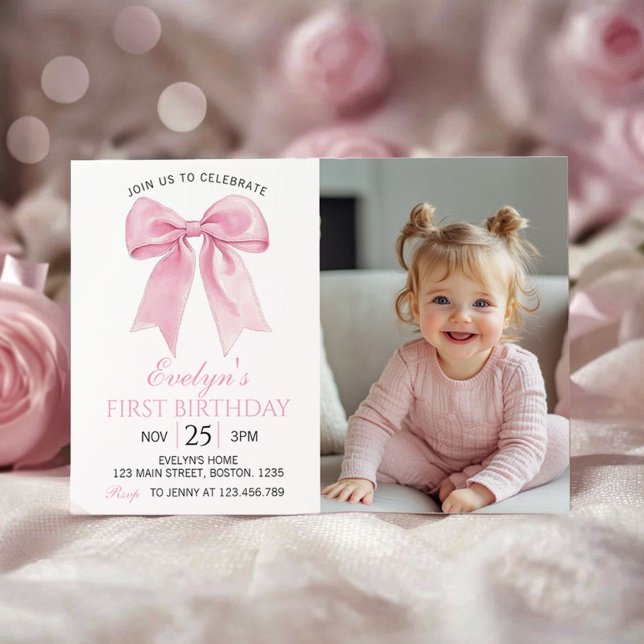 Carte De Remerciements Coquette Rose Bow Girl Anniversaire Photo Invitati (Créateur téléchargé)