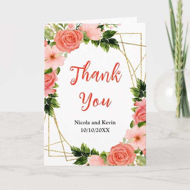 Carte De Remerciements Coral Red Roses with Foliage (Devant)