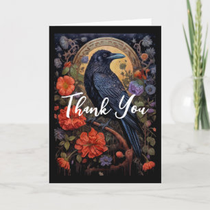 Carte De Remerciements Corbeau noir avec fleurs Design gothique