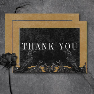 Carte De Remerciements Corbeau noir gothique et Rose noir Détails Gold