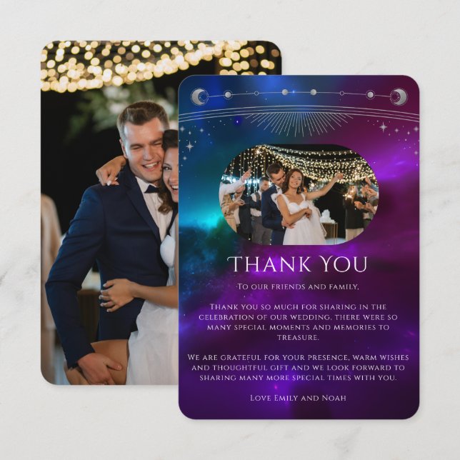 Carte De Remerciements Cosmo violet Turquoise argent photo Mariage mystiq (Devant / Derrière)