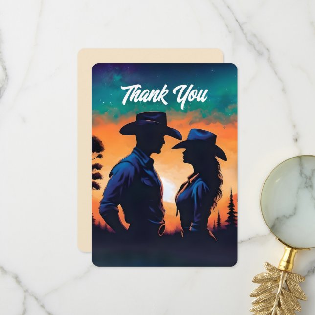 Carte De Remerciements Coucher de soleil Cowboy et Cowgirl (Devant/Arrière en situation)