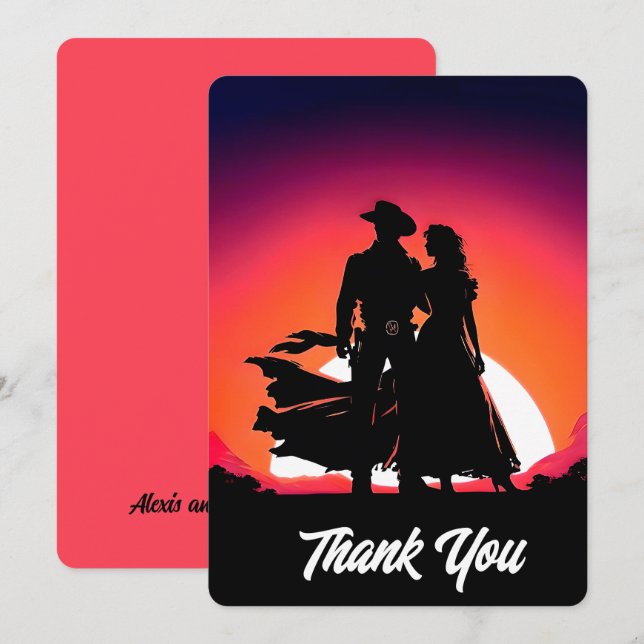 Carte De Remerciements Coucher de soleil Cowboy et Cowgirl (Devant / Derrière)