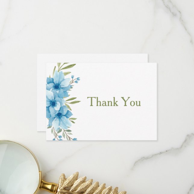 Carte De Remerciements Couleur d'eau florale bleue (Devant/Arrière en situation)