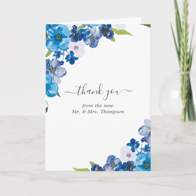 Carte De Remerciements Couleurs du Mariage Floral bleu photo (Devant)