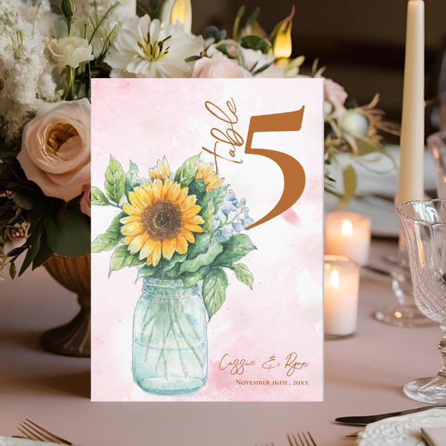 Carte De Remerciements Country Sunflower Mason Jar Mariage Numéro de tabl (Country Sunflower Mason Jar Wedding Table Number)