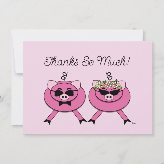 Carte De Remerciements Couple Mariage de porc rose mignon | Précédente ph (Devant)