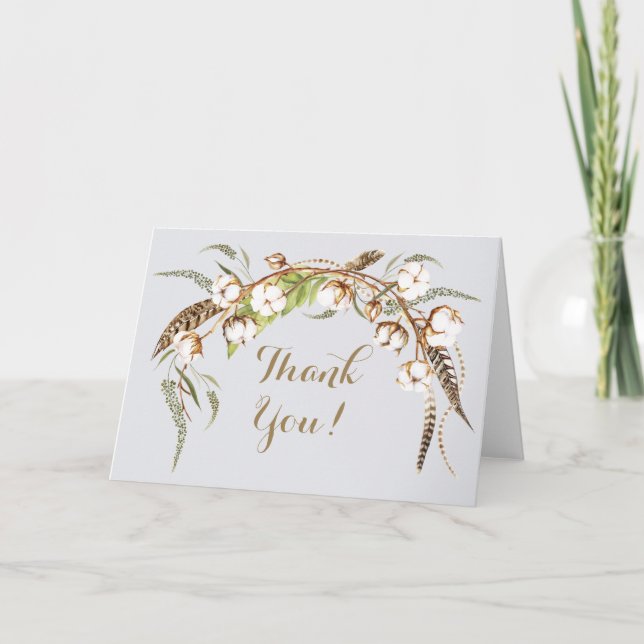 Carte De Remerciements Couronne de coton à l'aquarelle Plume Mariage Reme (Devant)