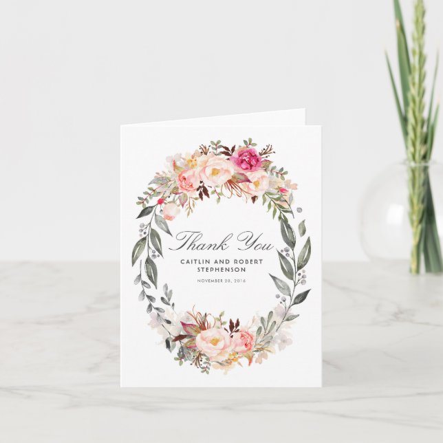 Carte De Remerciements Couronne de fleurs rose blush pour mariage remerci (Devant)