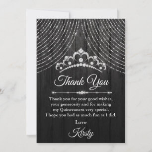 Carte De Remerciements Couronne de Quinceanera diamant noir argenté