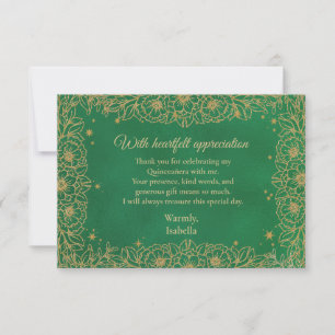 Carte De Remerciements Couronne de Quinceañera verte émeraude et dorée
