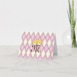 Carte De Remerciements Couronne en damier rose à monogramme couronné prin