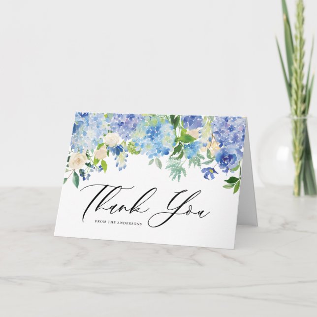 Carte De Remerciements Couronne florale de mariage aux hortensias bleus à (Devant)