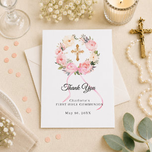 Carte De Remerciements Couronne florale rose pour la Première Communion a