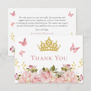 Carte De Remerciements Couronne   Papillons Floral Princess Baby shower