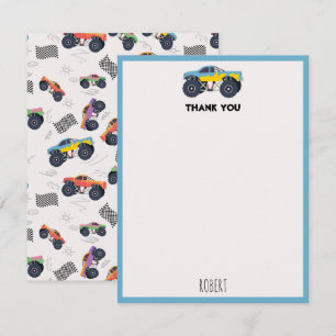 Carte De Remerciements Course de Monster Trucks Colorés Enfants Nom Perso