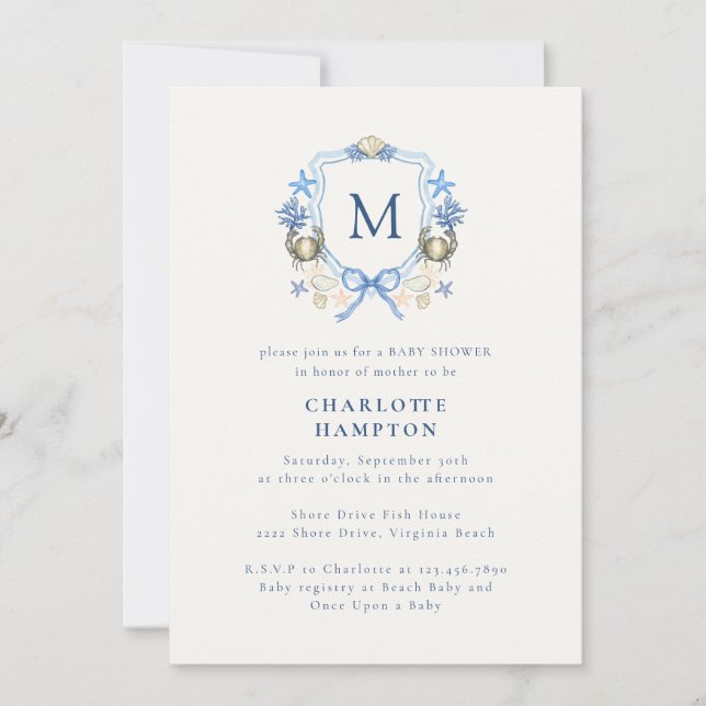 Carte De Remerciements Crabe côtier Monogramme Cres Baby shower Invitatio (Devant)
