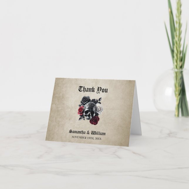 Carte De Remerciements Crâne floral rustique Élégant Mariage Halloween (Devant)