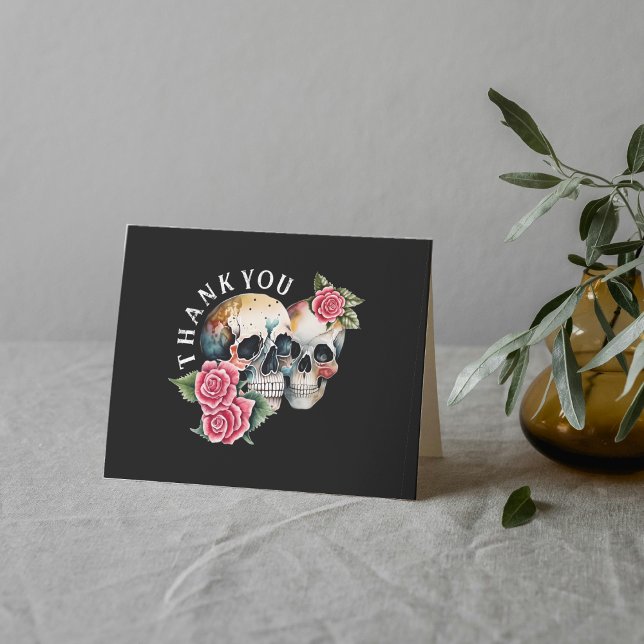 Carte De Remerciements Crânes et Mariage noir Rose (Skulls & Roses Black Wedding Thank You Card
)
