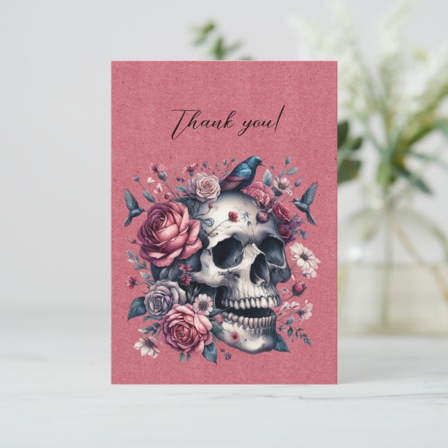 Carte De Remerciements Crânes gothiques Oiseaux Fleurs Sur Rose Rouge Mer (Debout devant)