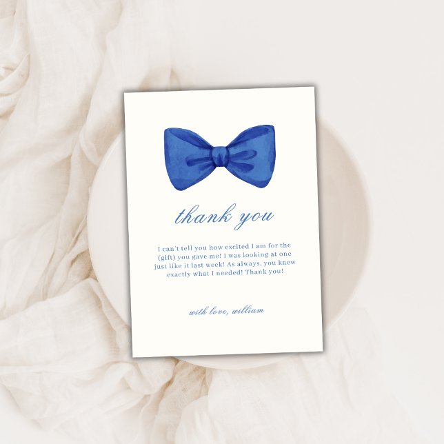 Carte De Remerciements Cravate minimaliste bleu Baby shower garçon (Blue Minimalist Bow Tie Boy Baby Shower Thank You Card)